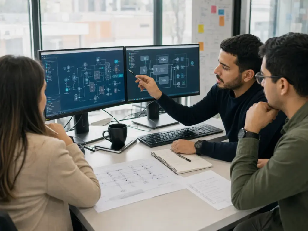 Equipo técnico revisando una topología de integración de servicios