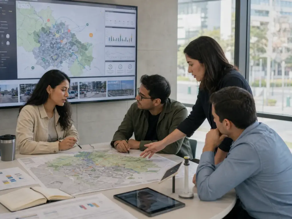 Equipo territorial analizando una plataforma de ciudad inteligente