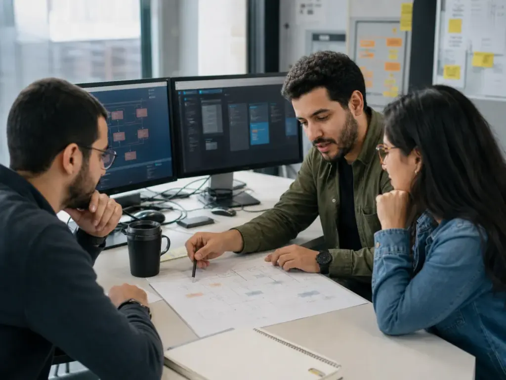 Equipo de ingeniería revisando una arquitectura de software